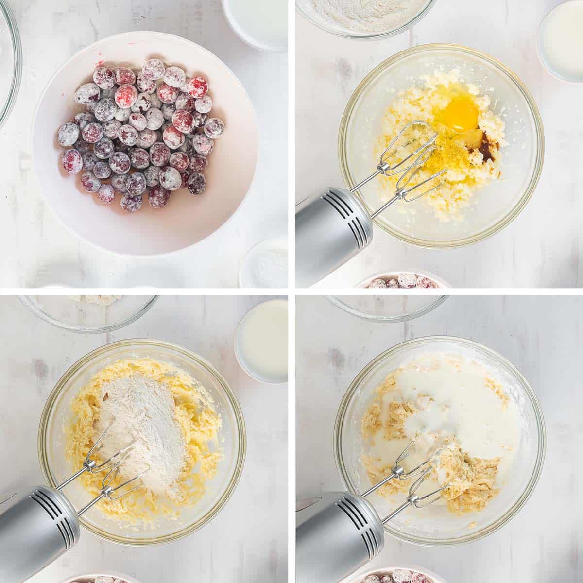 Cranberries mixed with flour and cake batter being mixed a bowl.