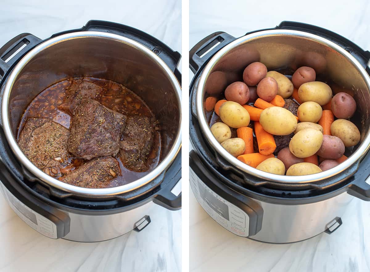 Chunks of beef in broth with carrots and potatoes on top in an Instant Pot.