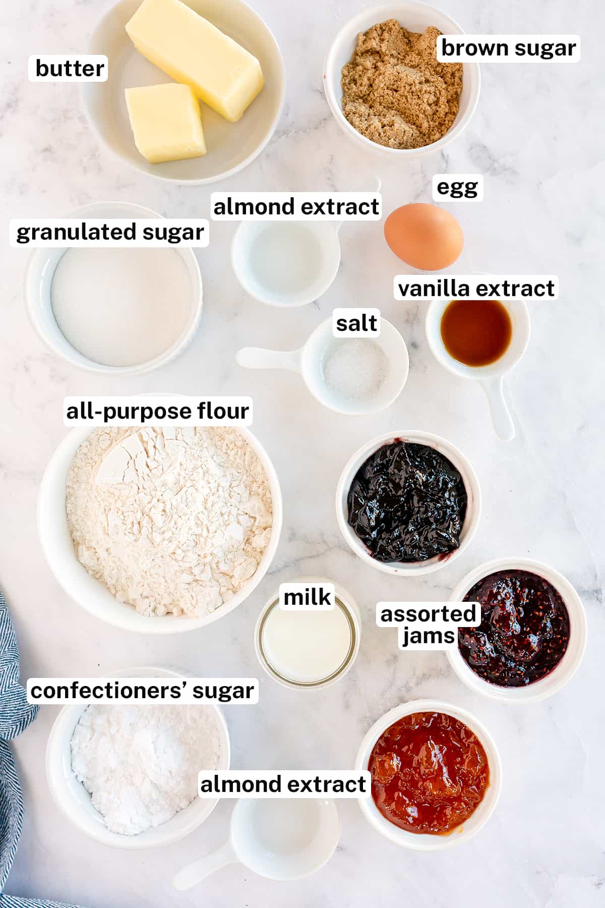 The ingredients for Jam Thumbprint Cookies with overlay text.