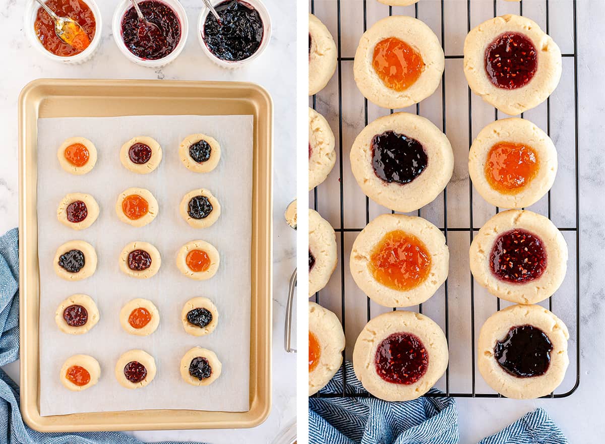 Jam Filled Thumbprints on a baking sheet and a wire rack.