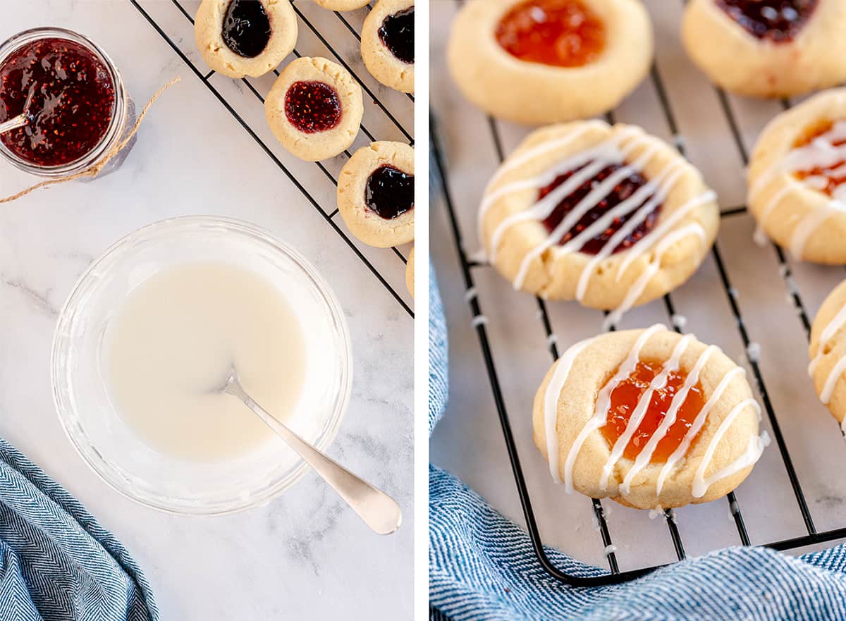 Glaze in a bowl and drizzled over thumbprint cookies.