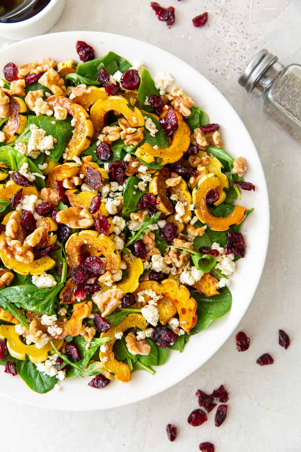 An over the top shot of delicata squash salad over greens in a white bowl with cranberries and feta.