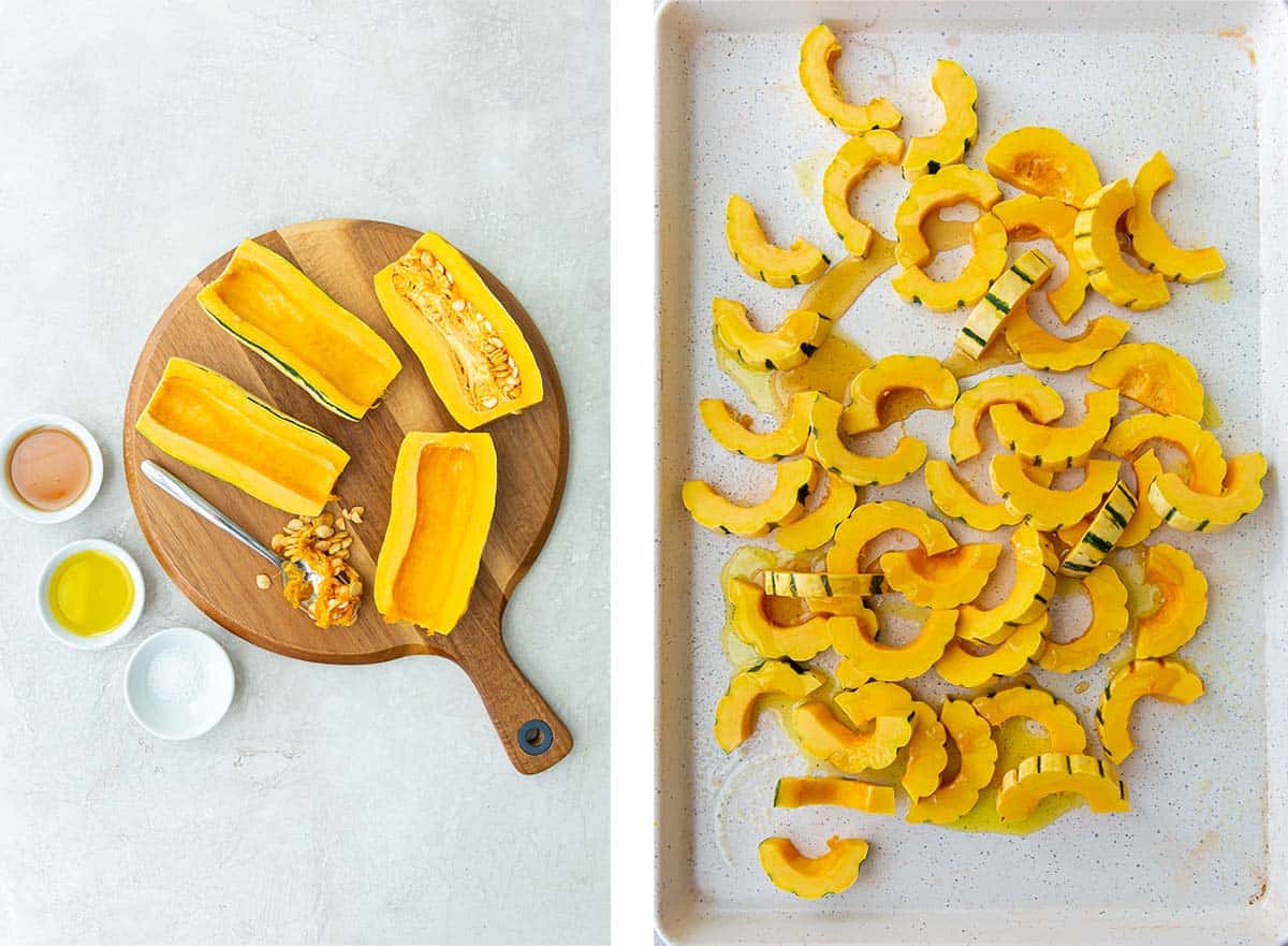 Delicata squash sliced on a cutting board and on a baking sheet.