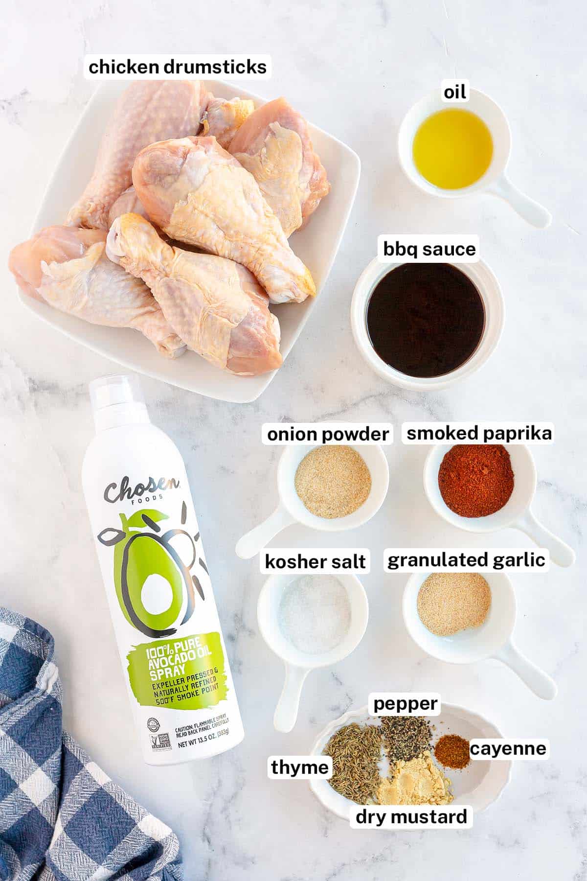 The ingredients for Air Fryer BBQ Chicken Drumsticks with overlay text.