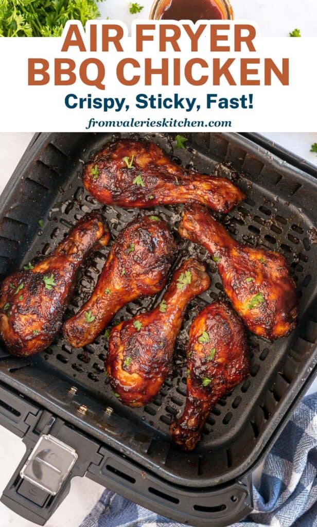 BBQ chicken in an air fryer basket with text overlay.