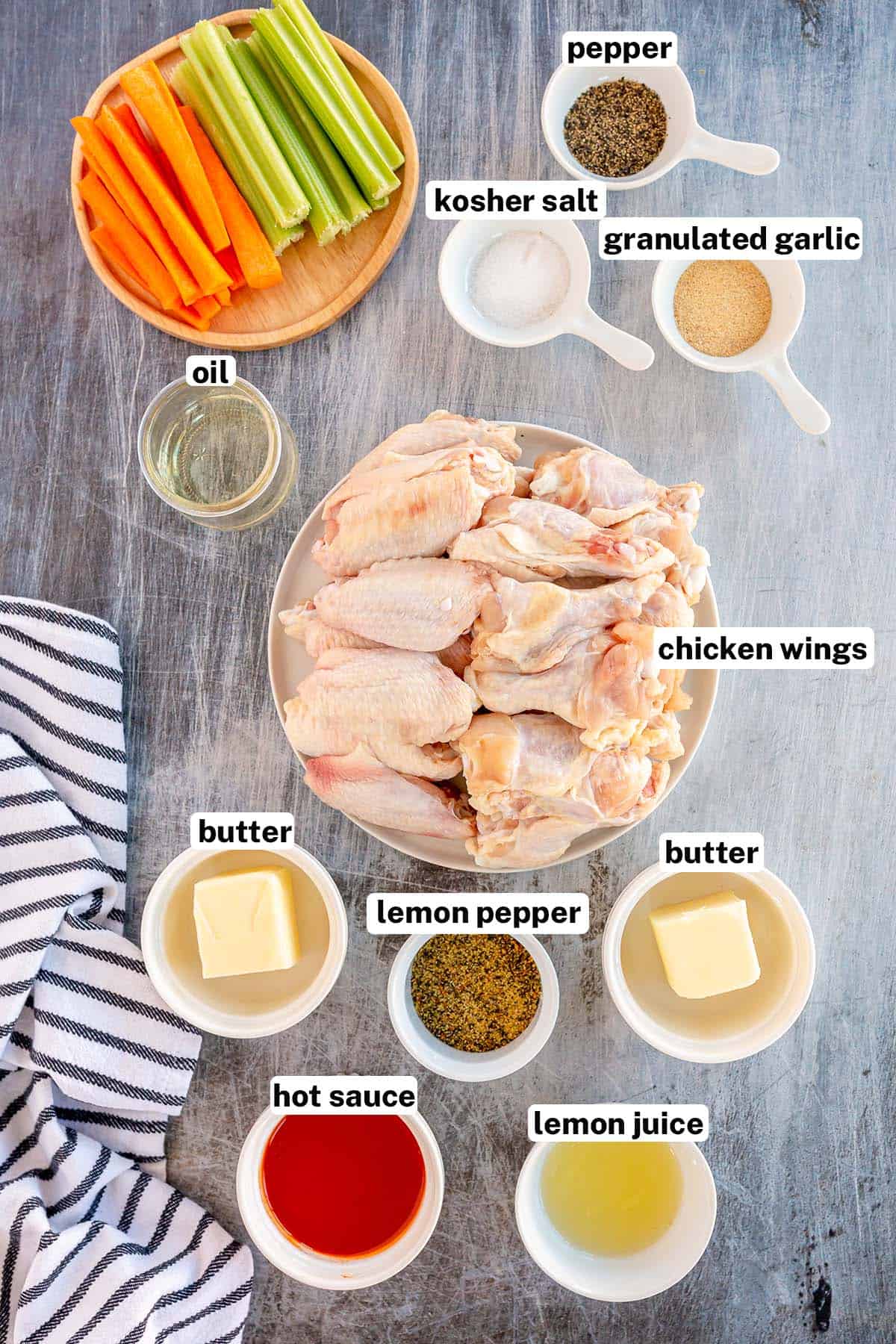 The ingredients for buffalo chicken wings and lemon pepper wings with overlay text.