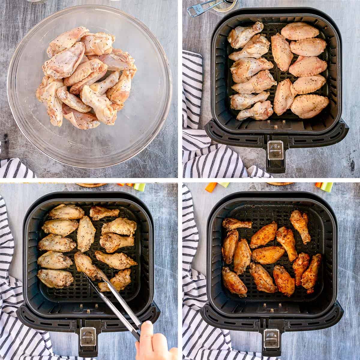 Chicken wings are seasoned in a bowl and cooked in an air fryer.