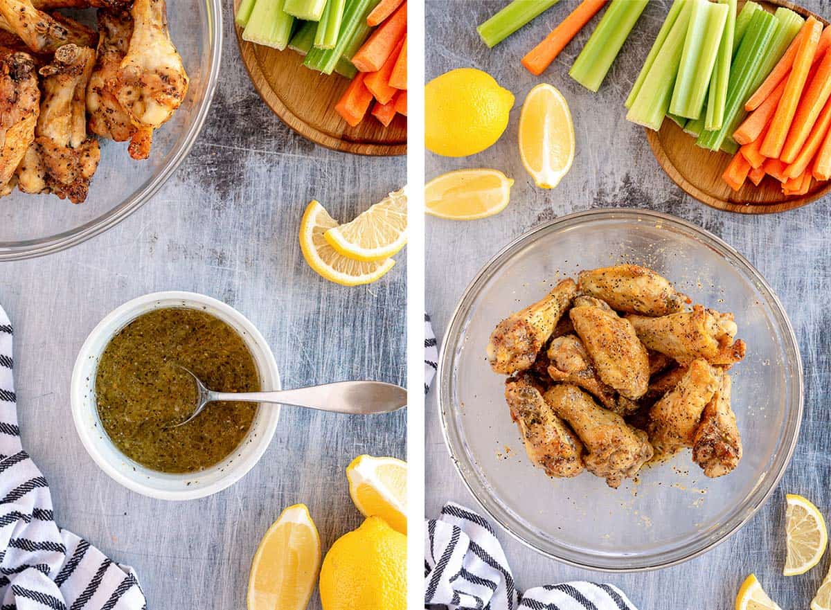Air fried chicken wings are mixed with lemon pepper wings sauce in a bowl.