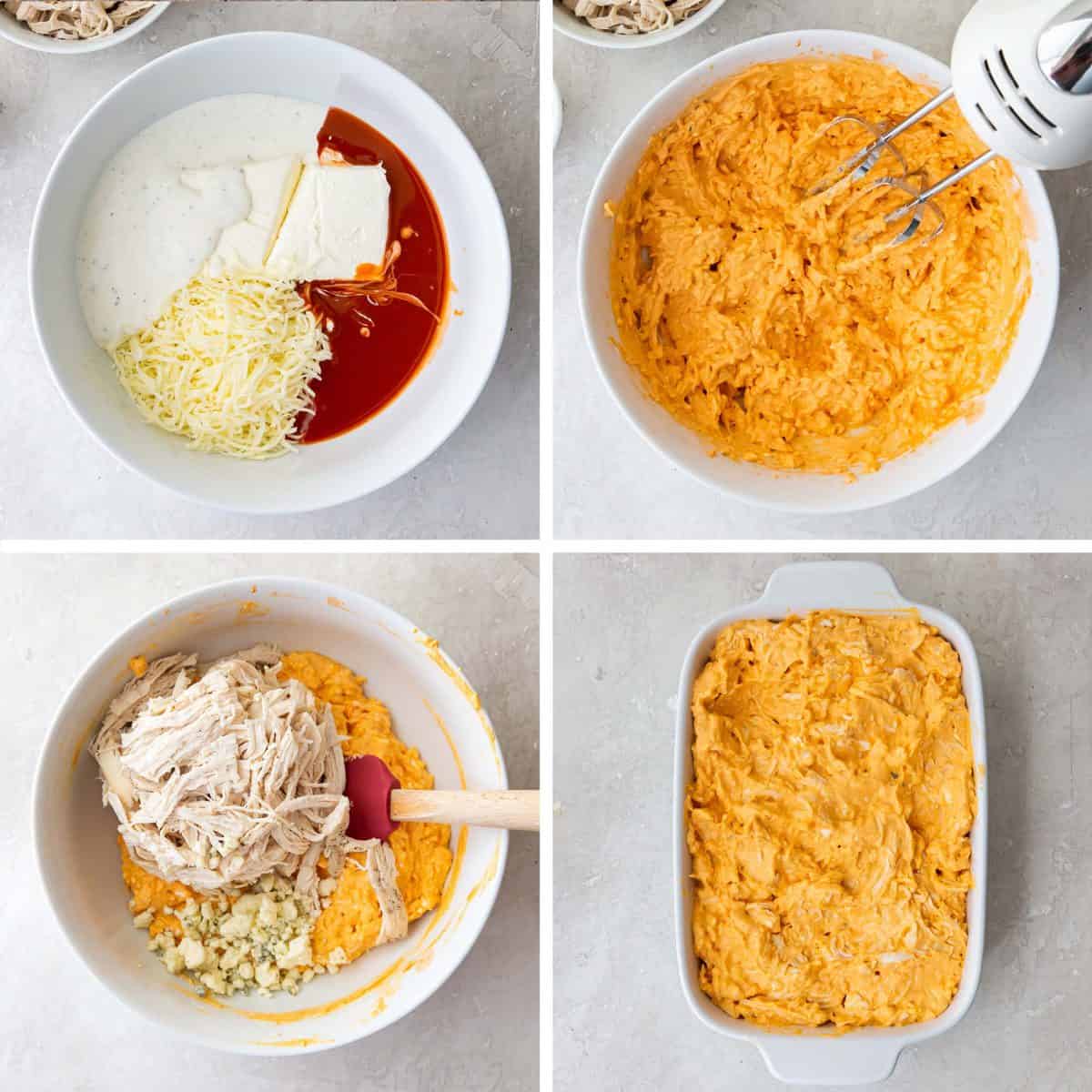 Buffalo Chicken Dip ingredients combined in a bowl and transferred to a baking dish.