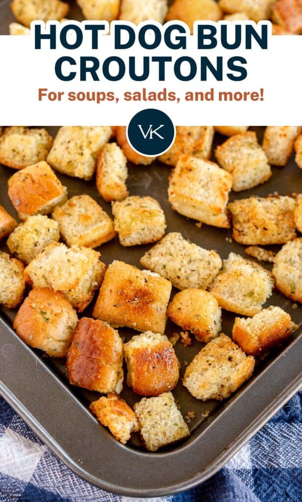Hot Dog Bun Croutons on a baking sheet with overlay text.