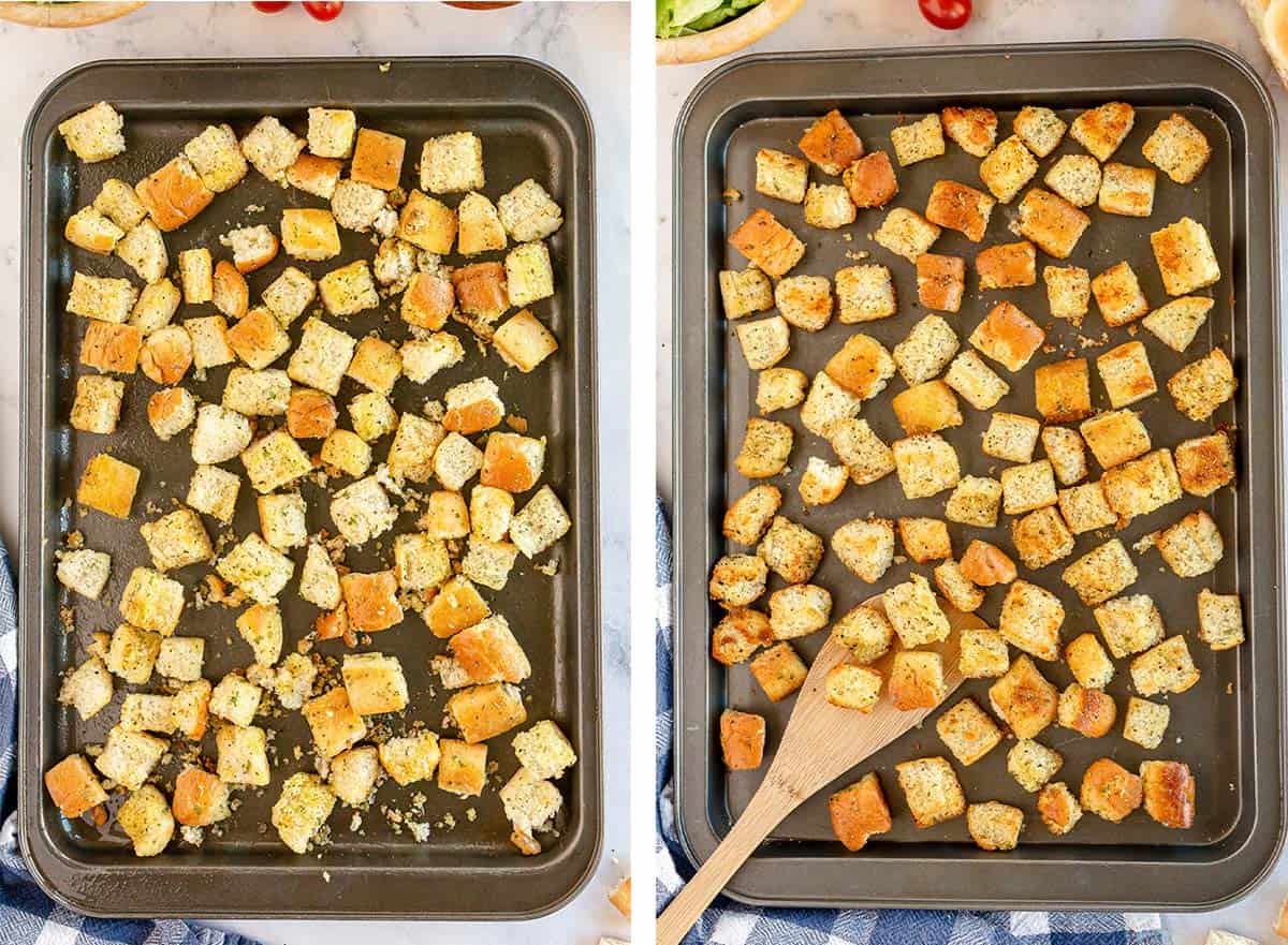 Croutons on a baking sheet.
