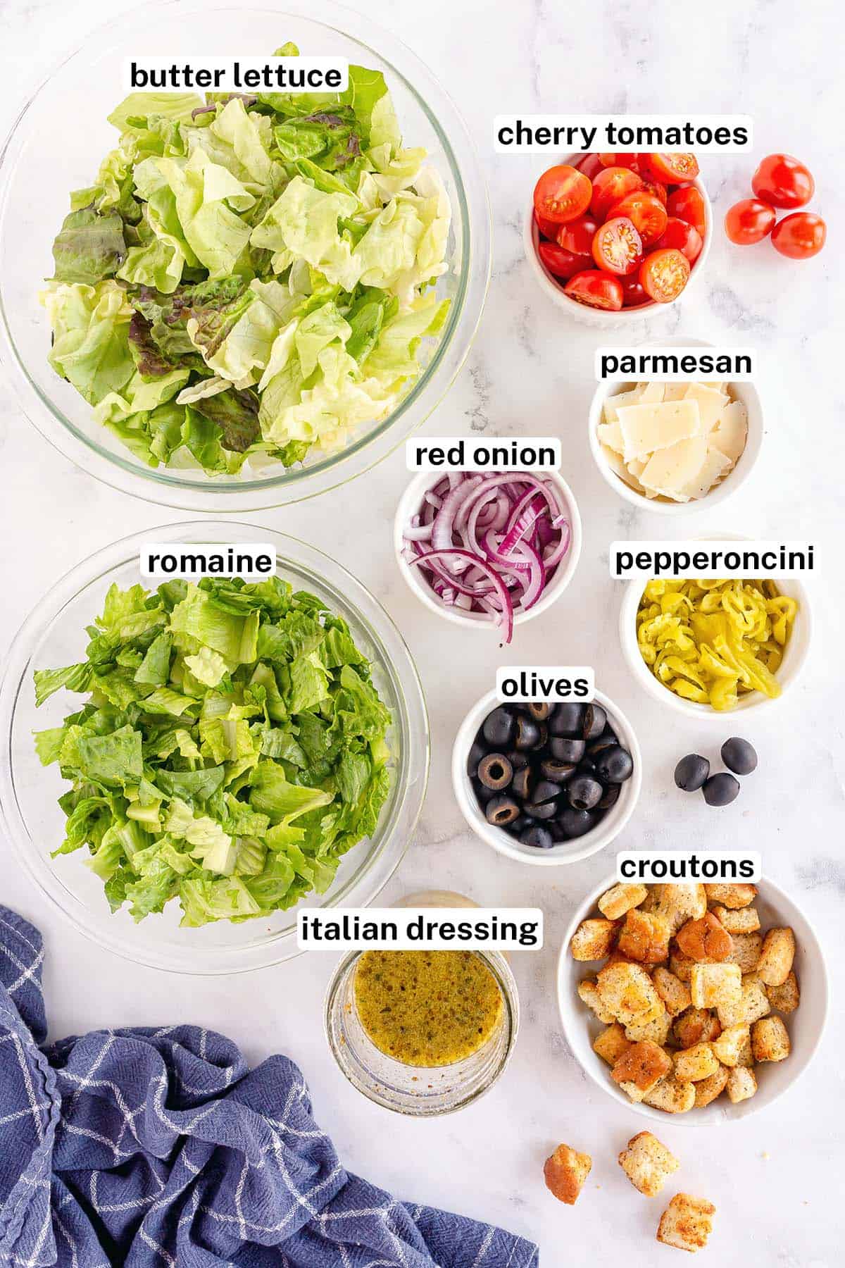 The ingredients for Italian Salad on a white surface with overlay text.
