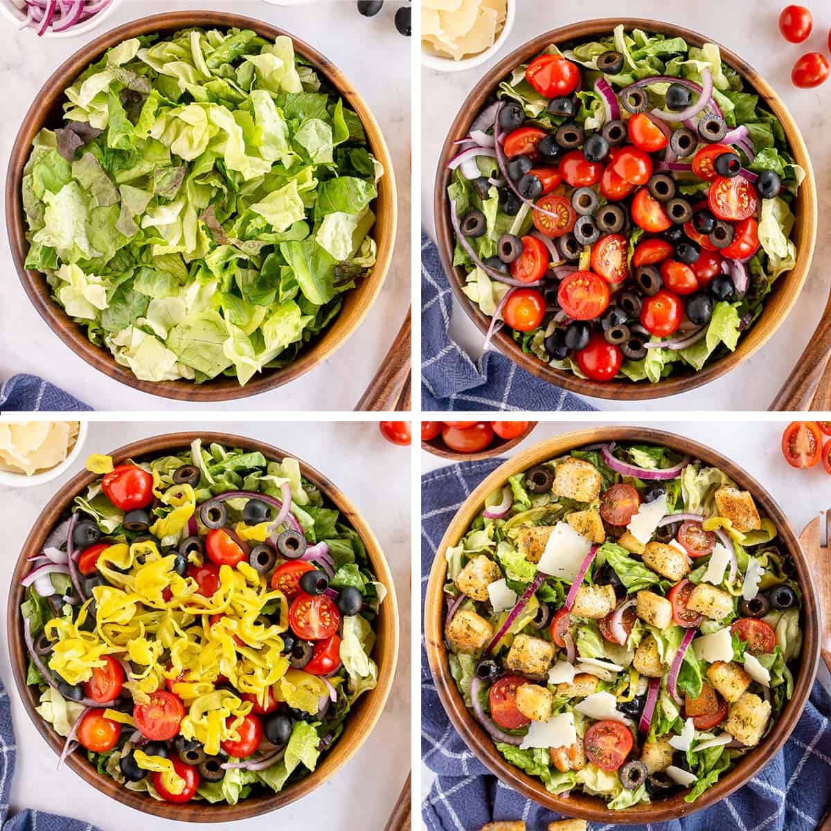 Four images of salad being assembled in a wooden bowl.