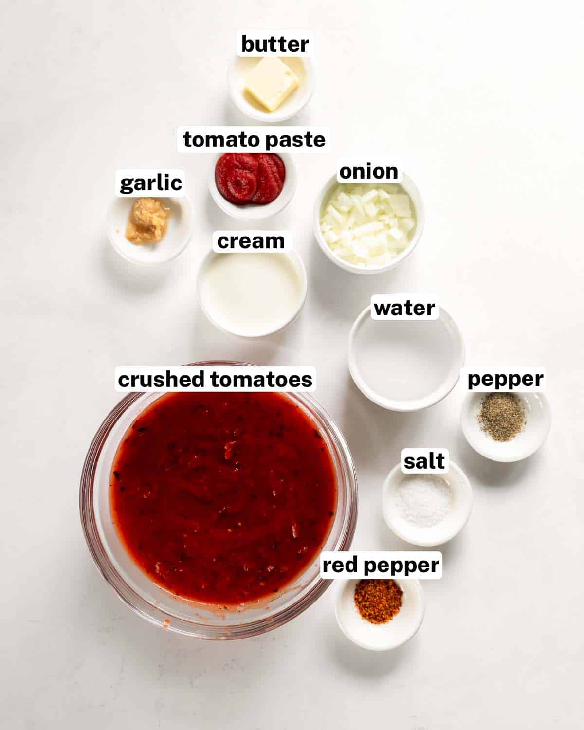 The ingredients for tomato cream sauce with overlay text.