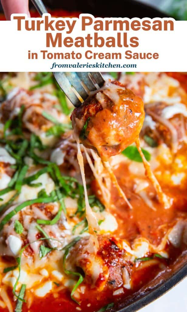 A fork piercing a turkey meatball with overlay text.