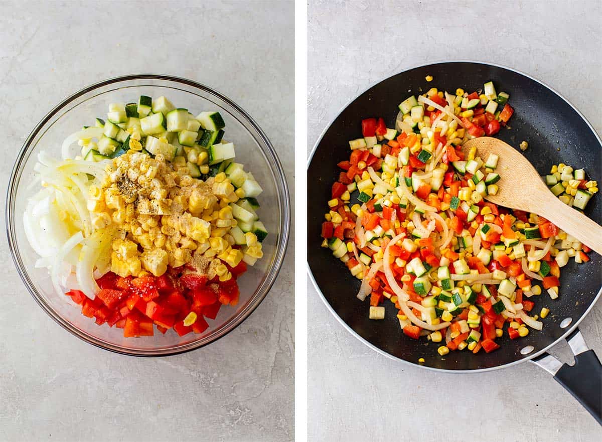 Chopped vegetables in a bowl and cooking in a skillet.