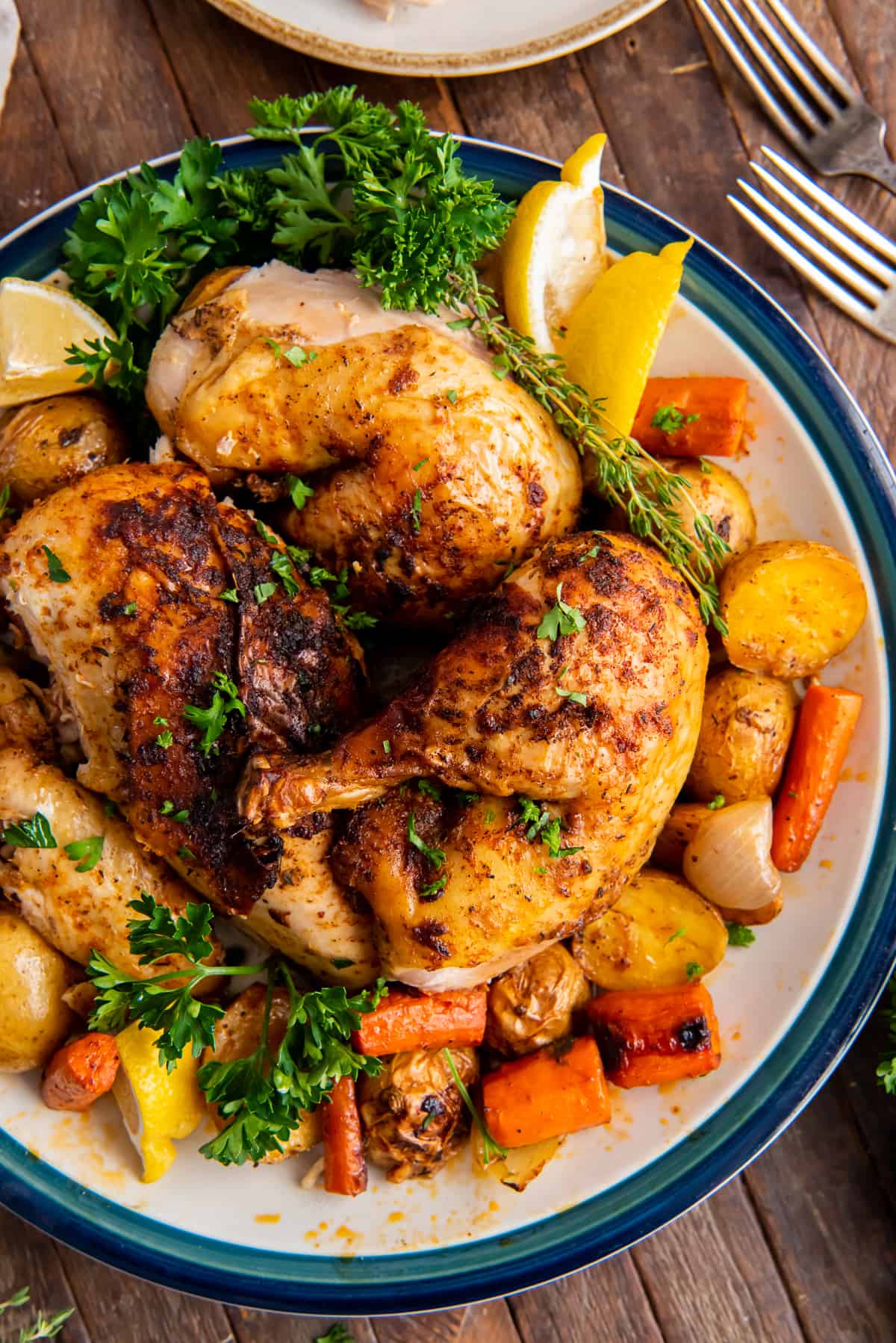 Pieces of chicken on a serving platter with vegetables.