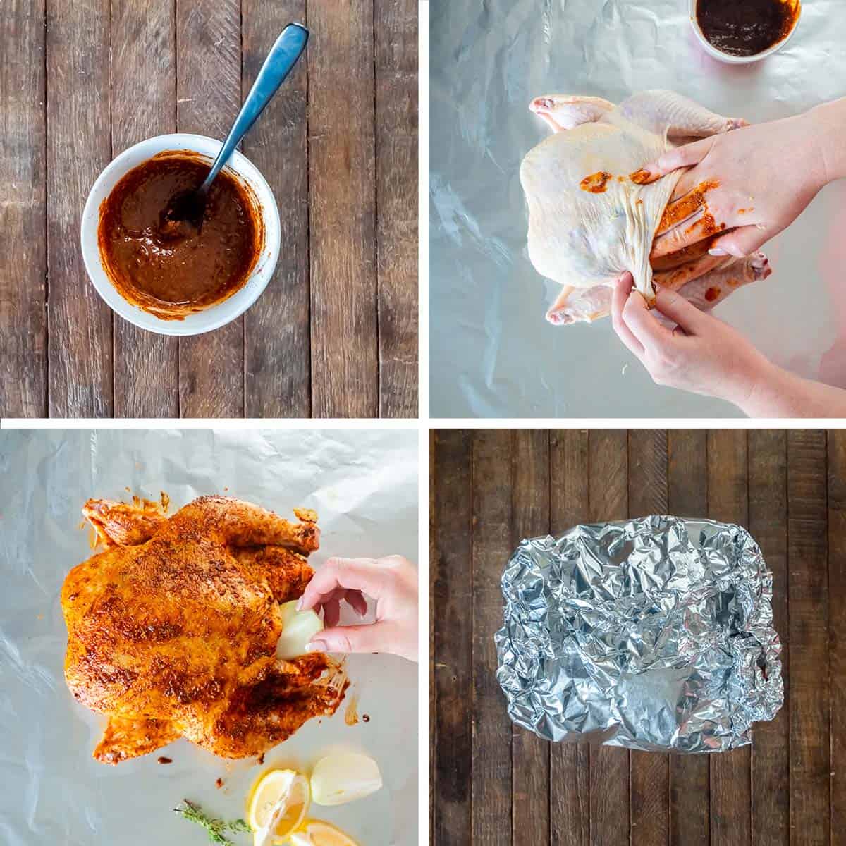 A butter and oil seasoning is rubbed on a whole chicken and the chicken wrapped in foil.