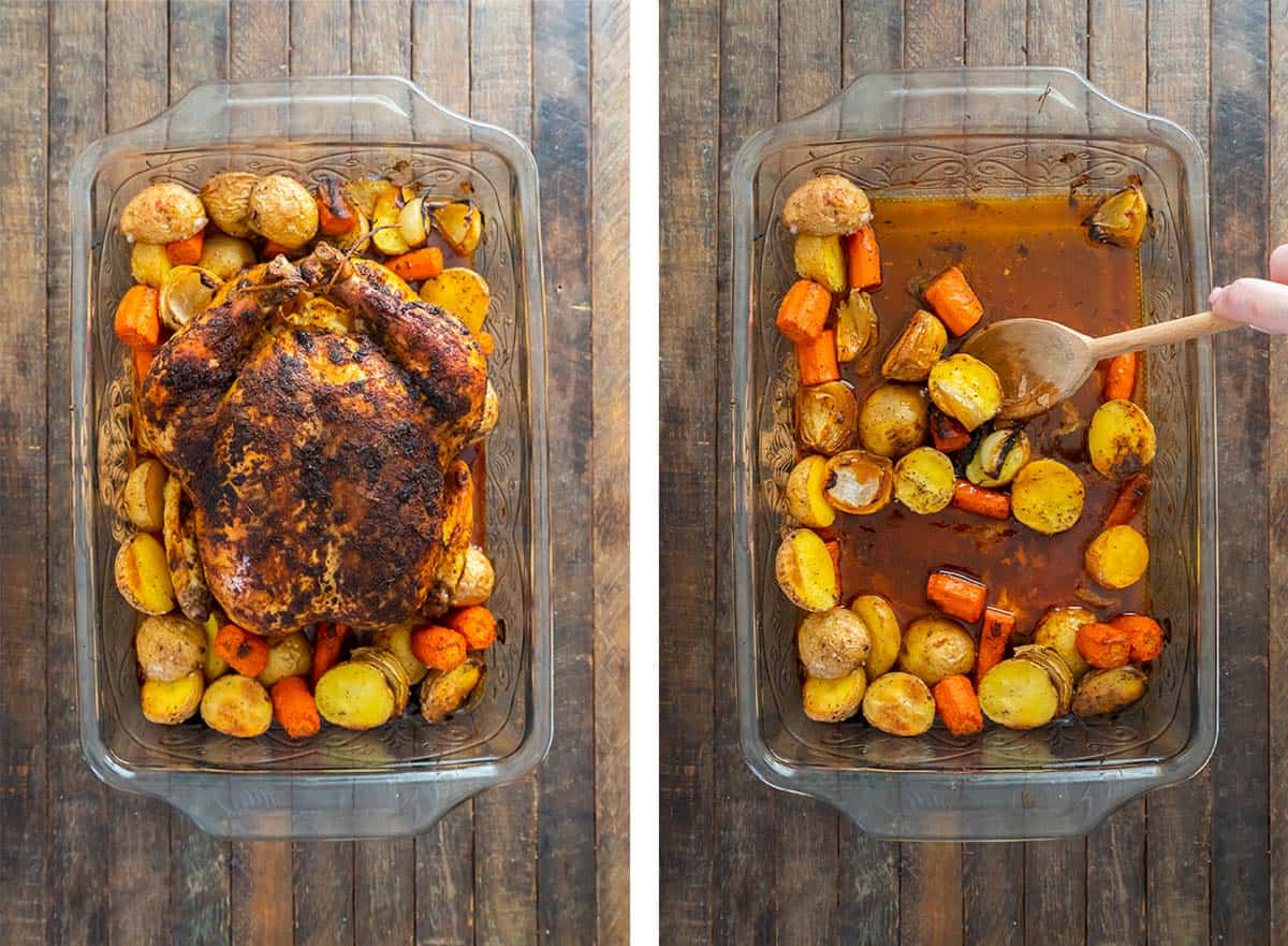 A roasted chicken in a baking dish with vegetables and a spoon removing the vegetables.