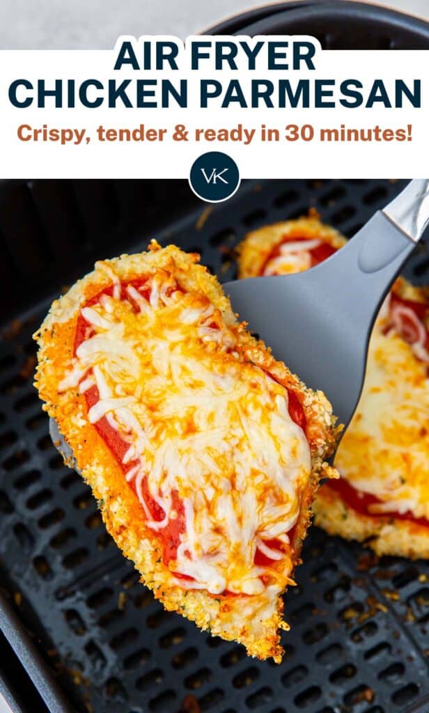 A spatula lifts Chicken Parmesan from an air fryer with overlay text.