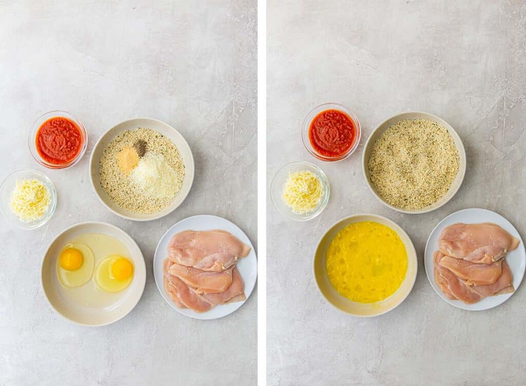 Eggs and breading ingredients.
