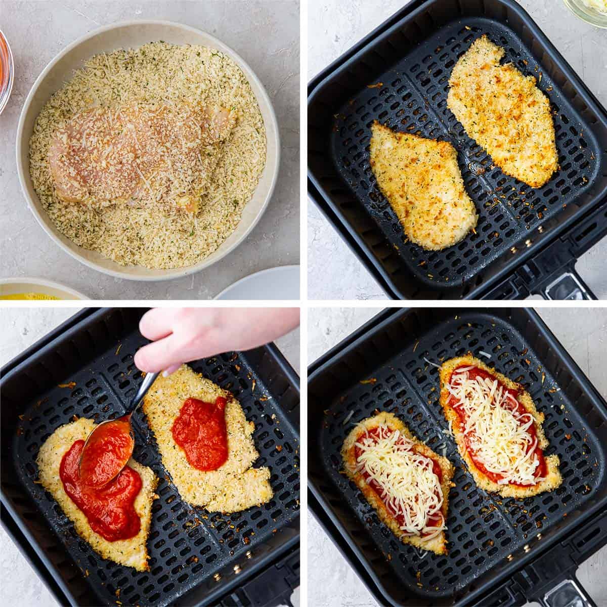 Chicken Parmesan being assembled and cooked in an air fryer.