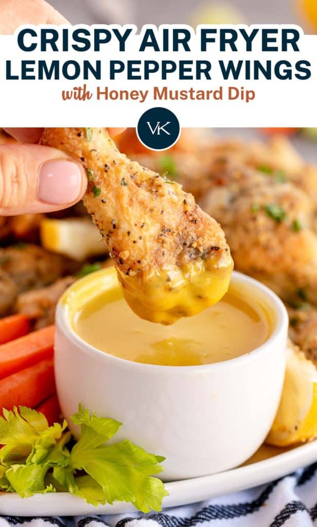 A hand dipping a chicken wing into honey mustard with text.