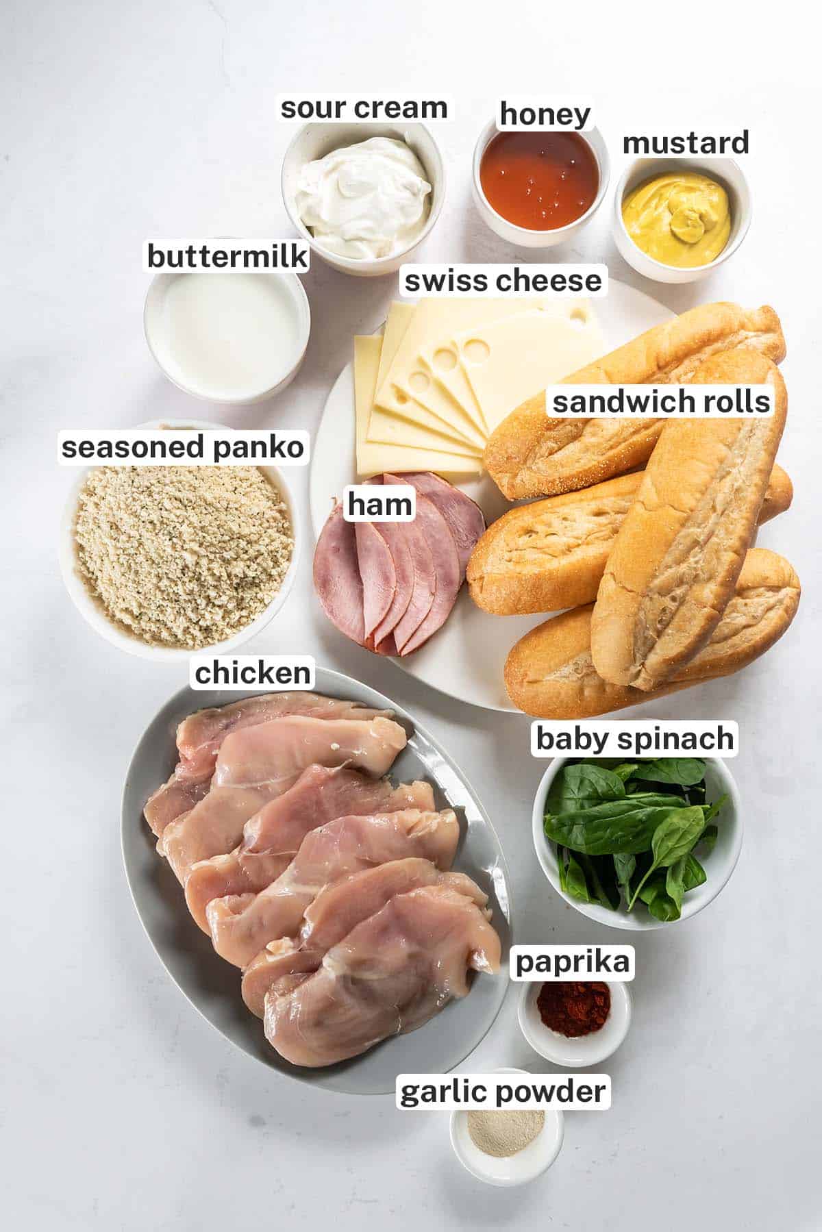 Ingredients for Chicken Cordon Bleu Sandwiches with overlay text.