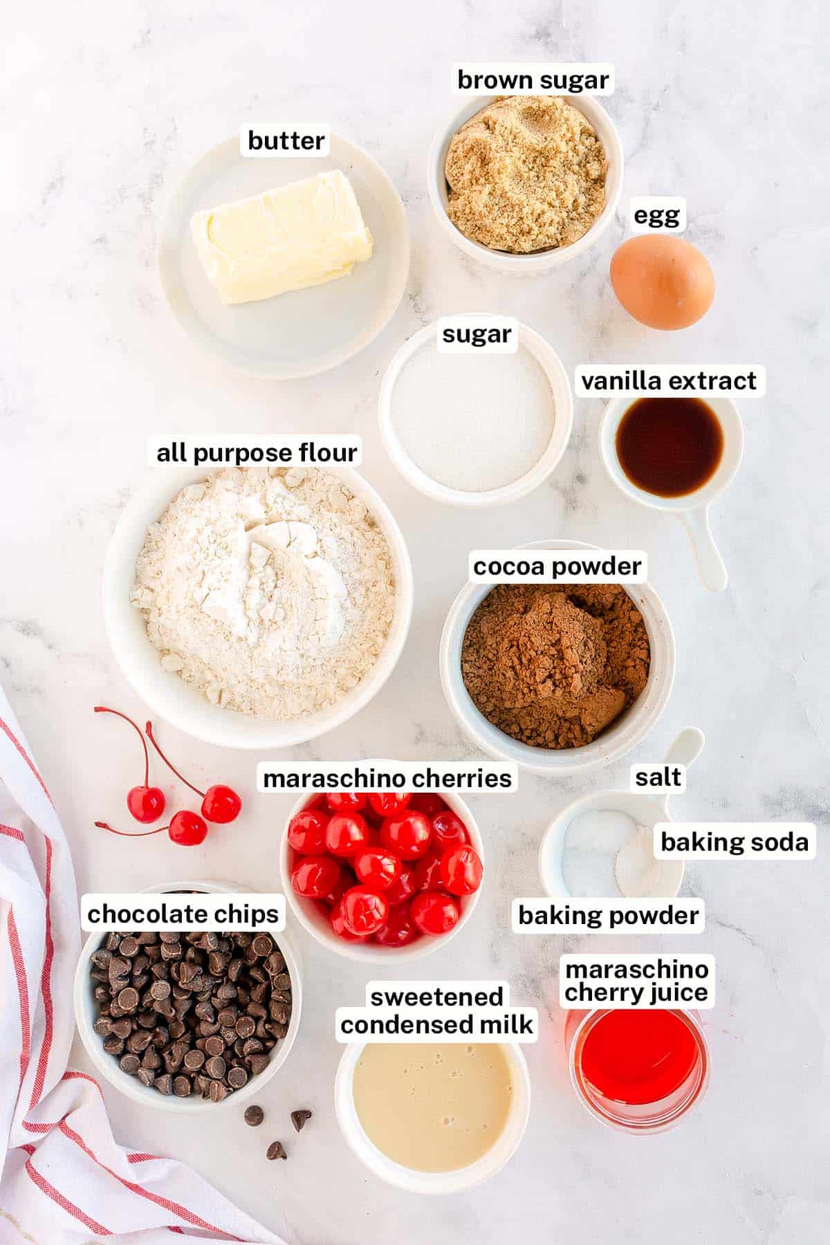 The ingredients for Chocolate Covered Cherry Cookies with overlay text.