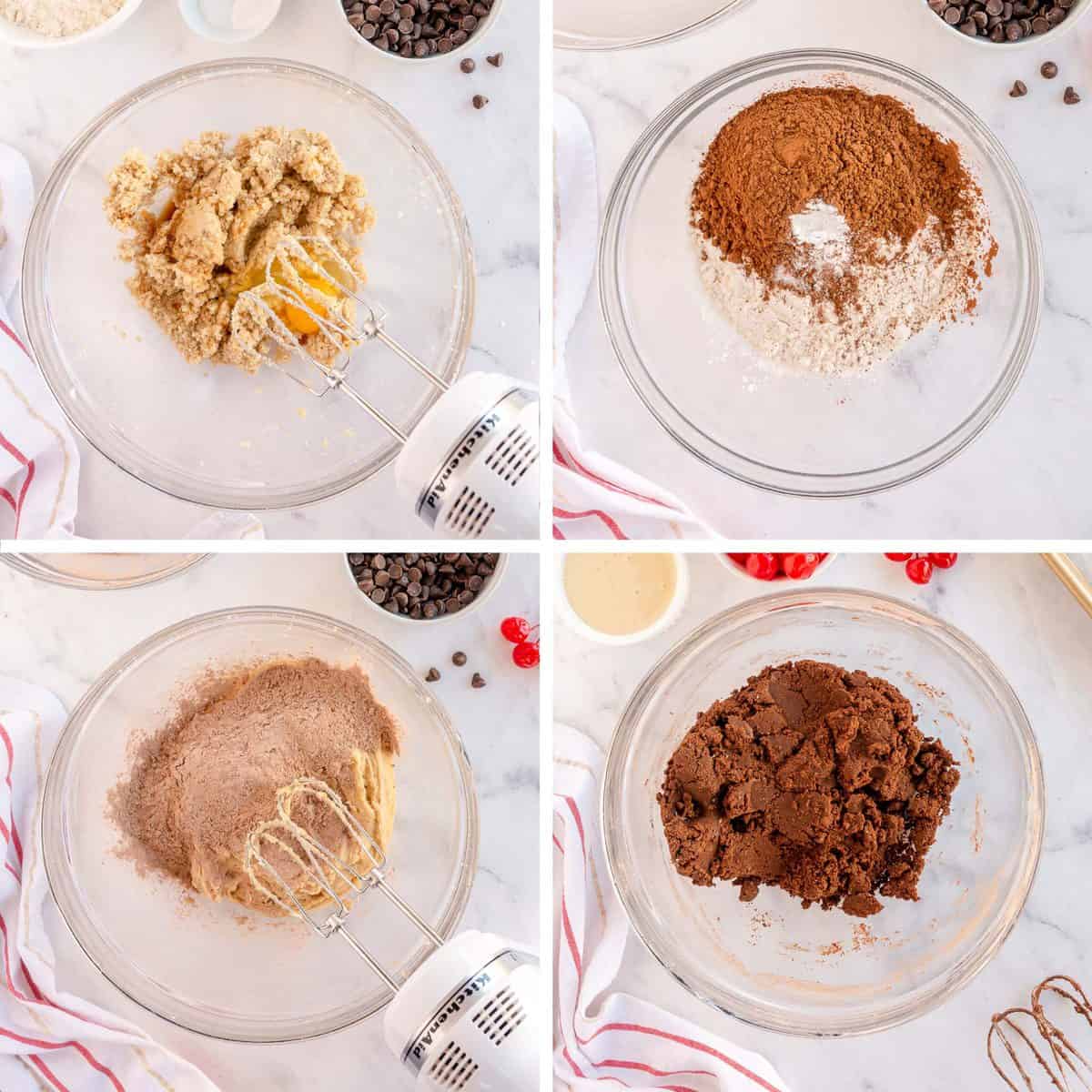 Ingredients are mixed in a bowl to make chocolate cookie dough.