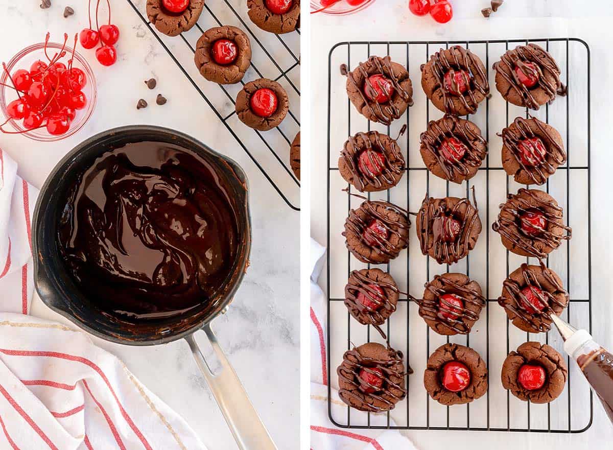 Cherry chocolate frosting in a sauce pan and being piped over the top of cookies.