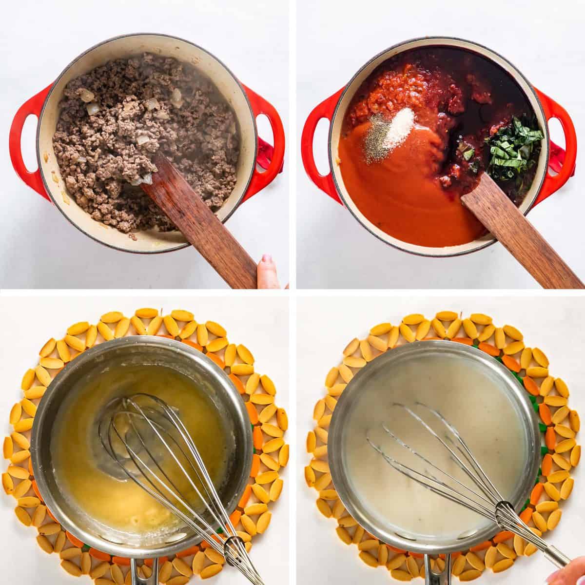 Meat sauce and bechamel being prepared.