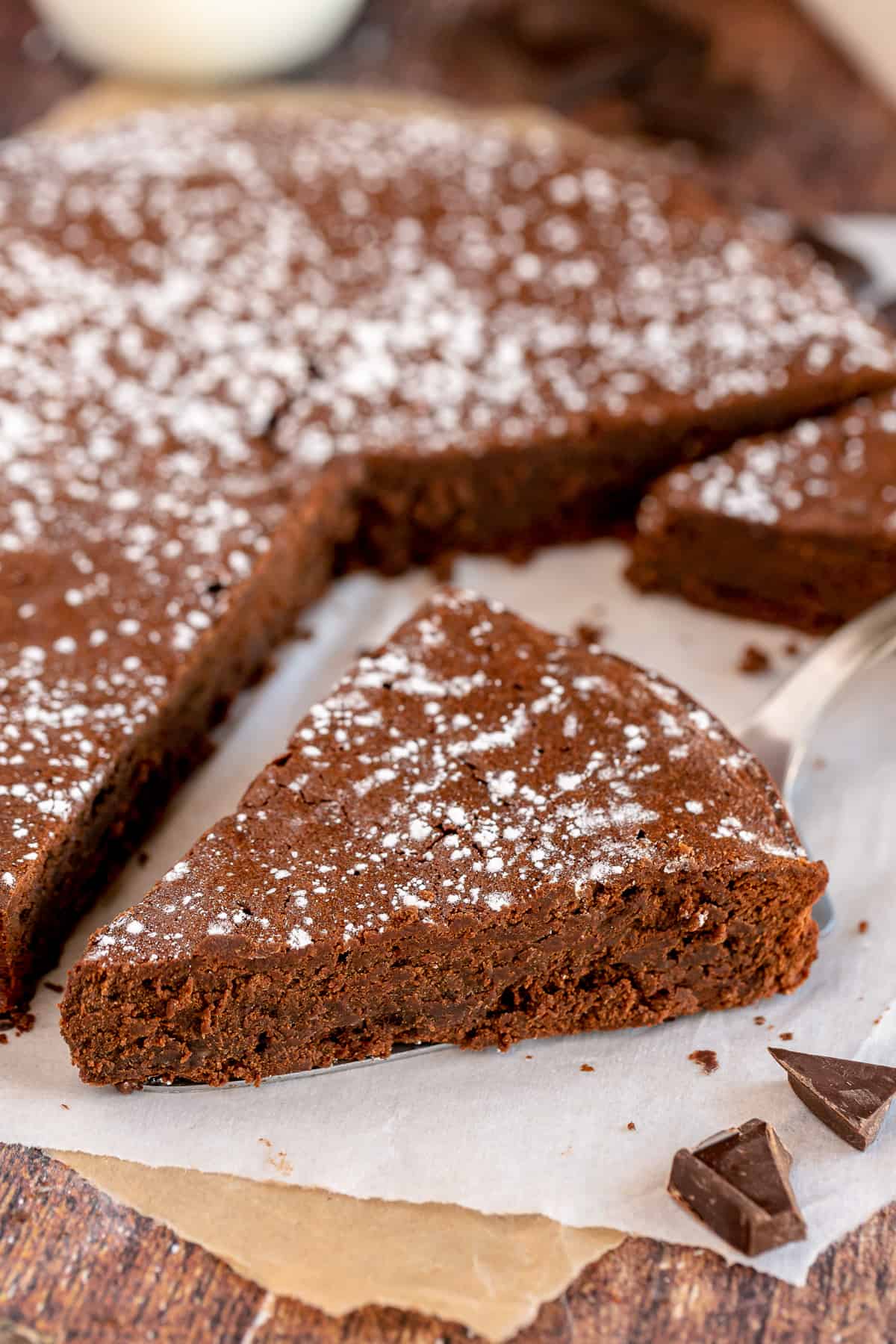 Slices of chocolate cake on parchment paper.