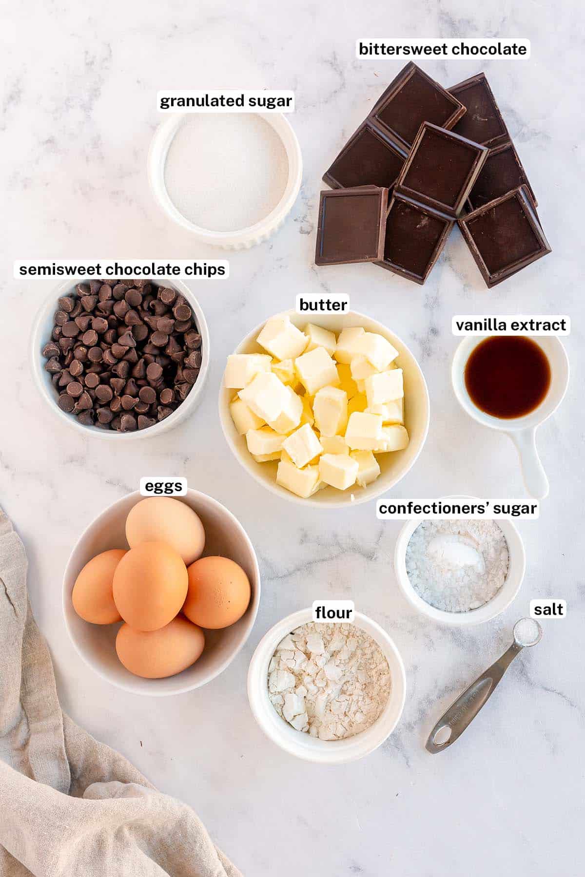 The ingredients for French Chocolate Cake with text overlay.