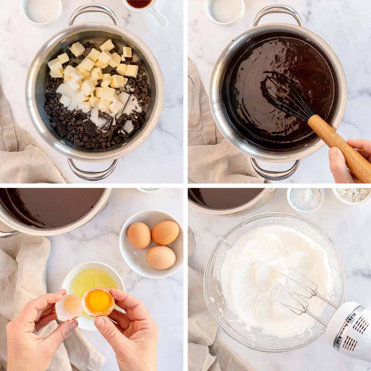 Chocolate and butter melted in a saucepan and egg whites beaten in a mixing bowl.