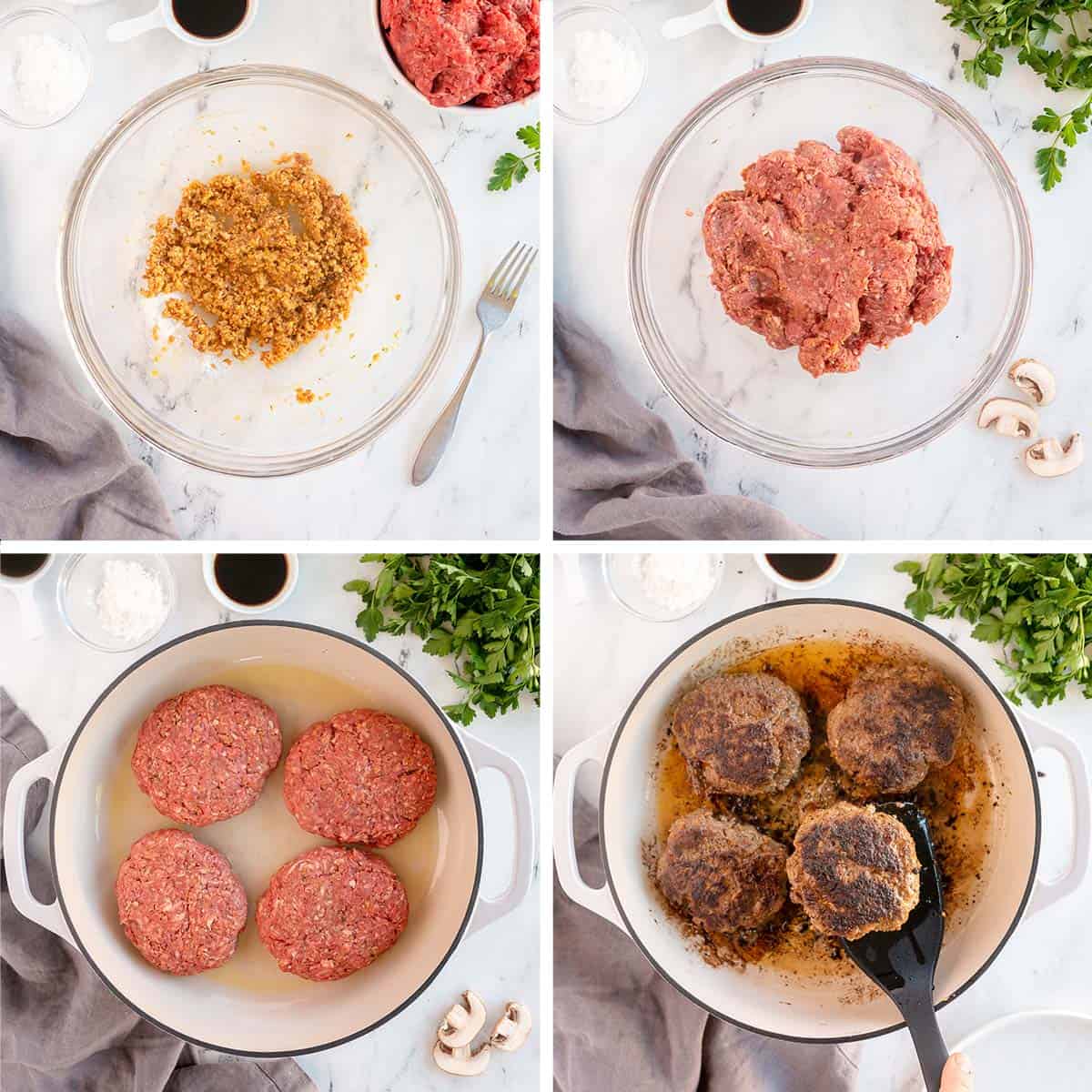 Salisbury steak patties are formed and cooked in a skillet.