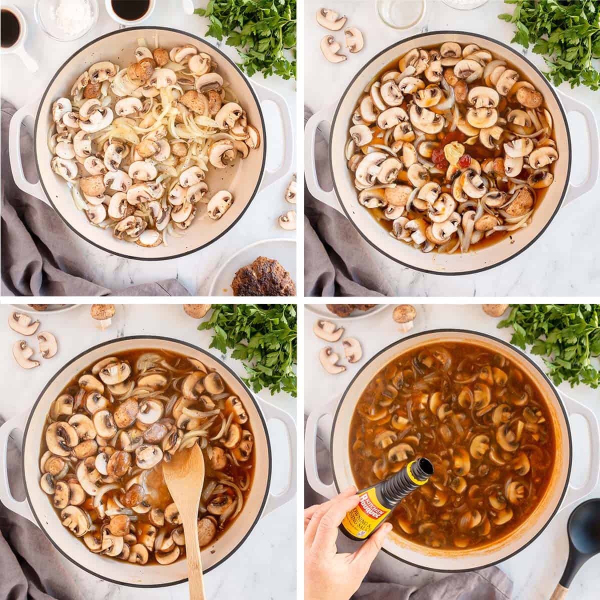 Mushroom onion gravy is prepared in a skillet.