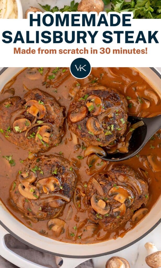 An over the top shot of Salisbury Steak with gravy in a skillet with overlay text.