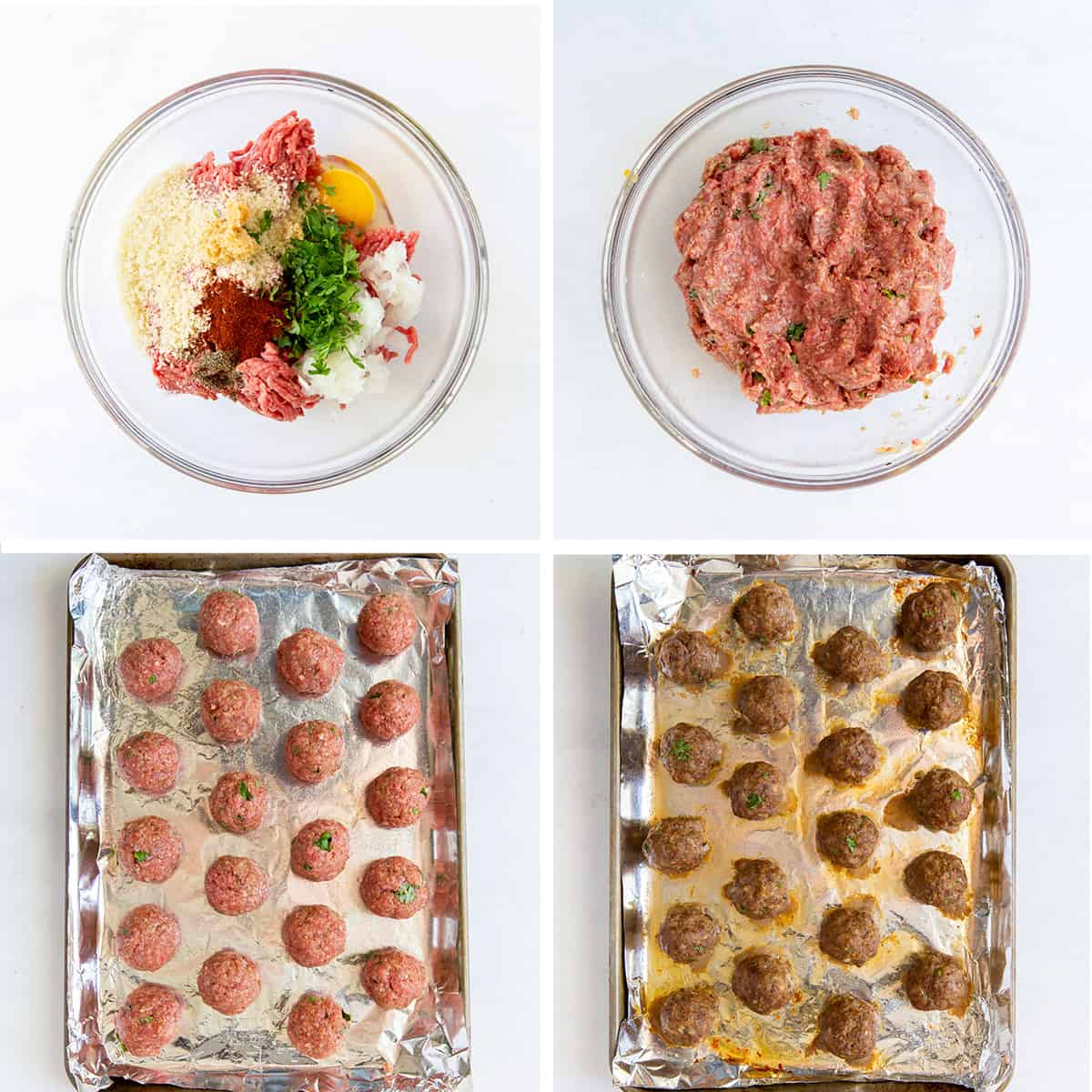 Meatball ingredients combined in a bowl and meatballs on a baking sheet.