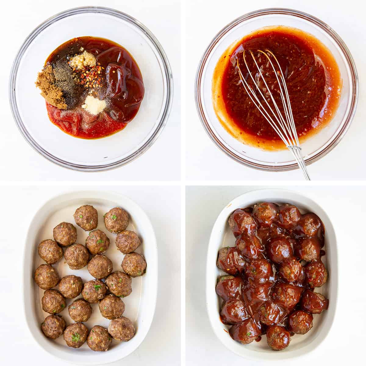 Meatball sauce in a mixing bowl and on meatballs in a baking dish.