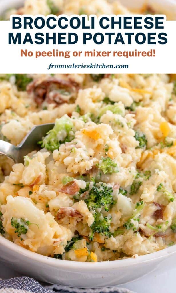 A spoon scooping broccoli cheese mashed potatoes with text overlay.