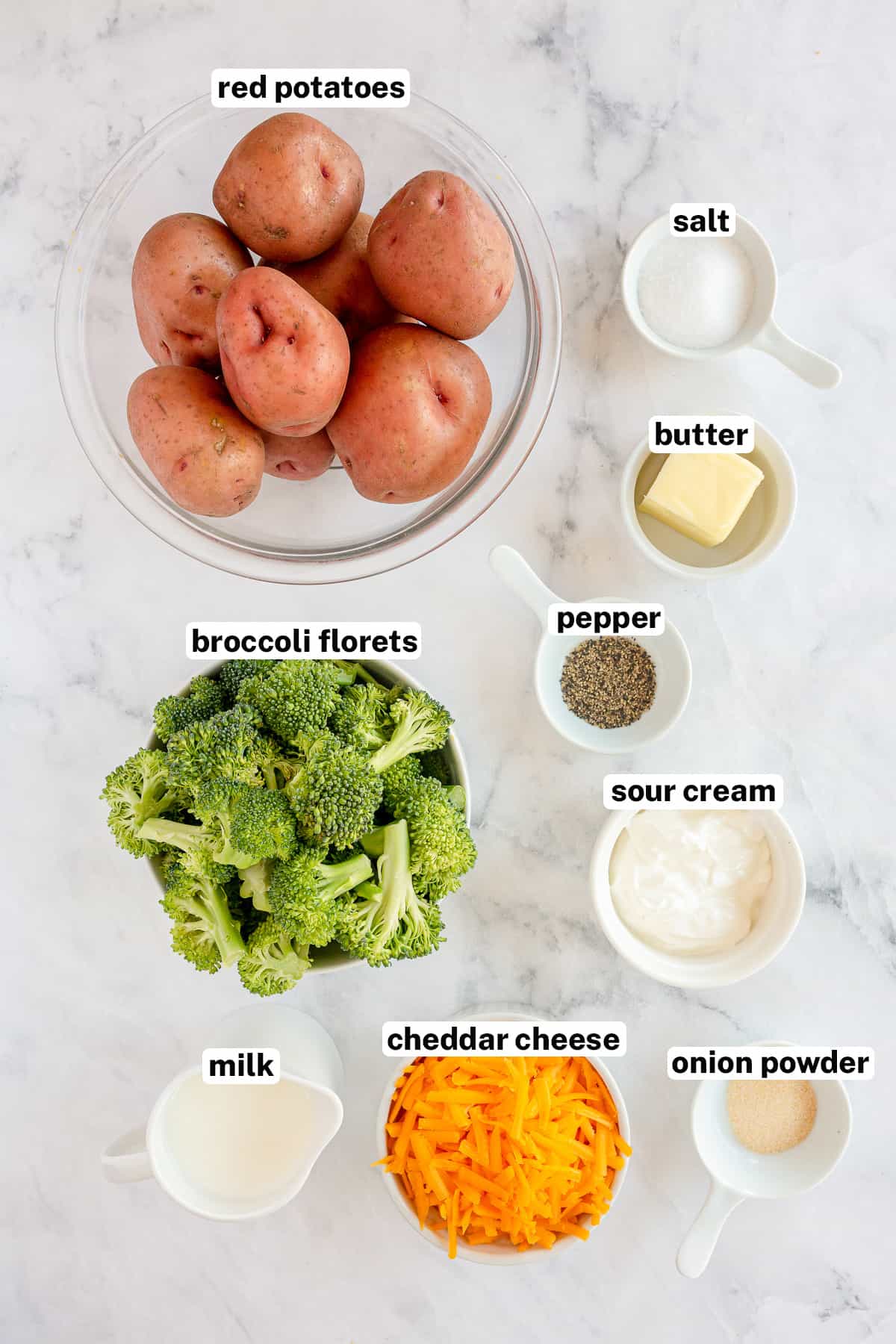 The ingredients for Broccoli Cheese Mashed Potatoes with text overlay.