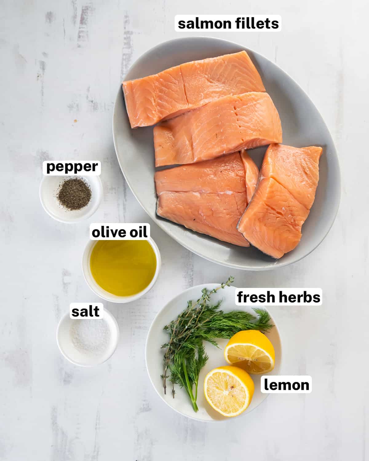 Salmon fillets and other ingredients with text overlay.