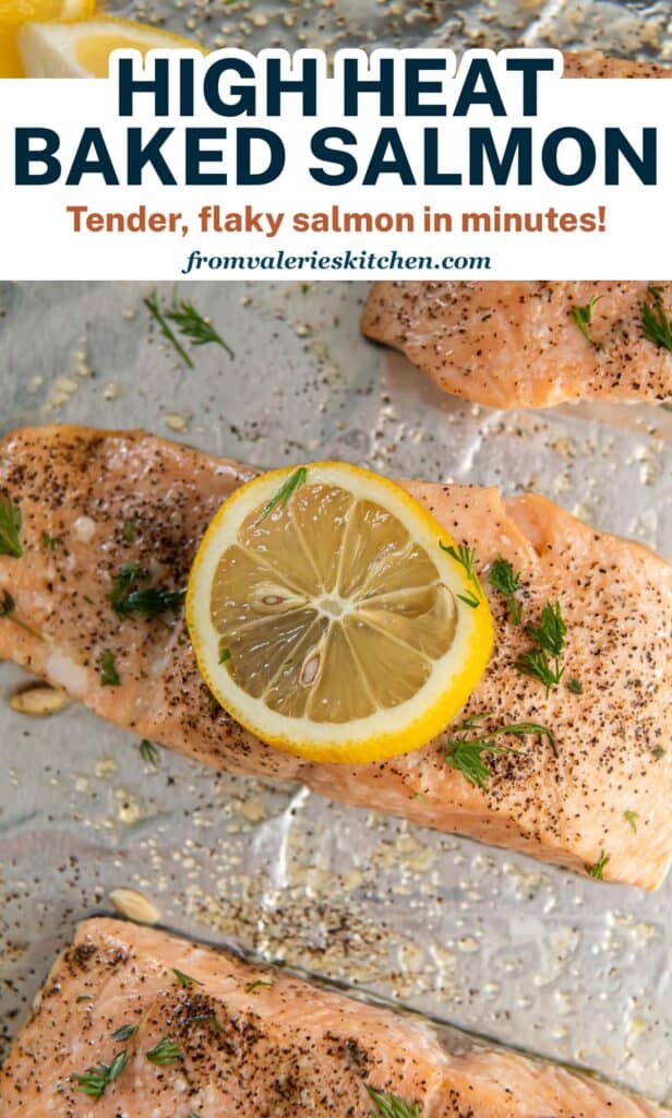 Baked salmon with lemon on foil with text overlay.