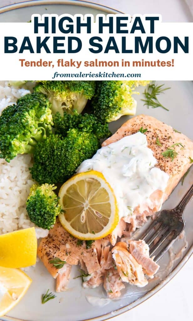 Baked salmon with dill sauce on a plate with broccoli with text.