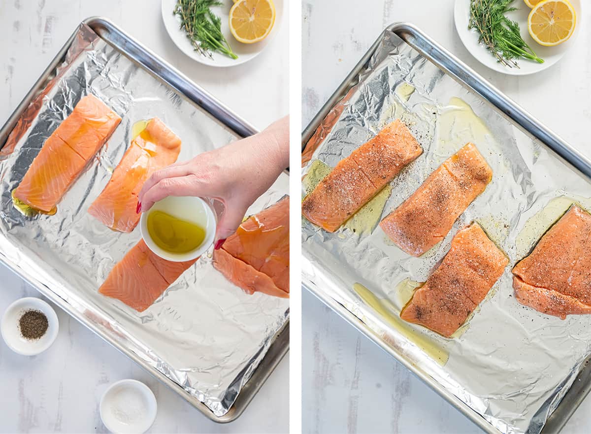 Salmon fillets on a baking sheet with oil, salt and pepper.