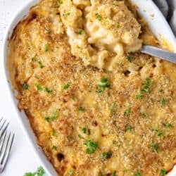 A top down shot of macaroni cheese in a casserole dish with a spoon.