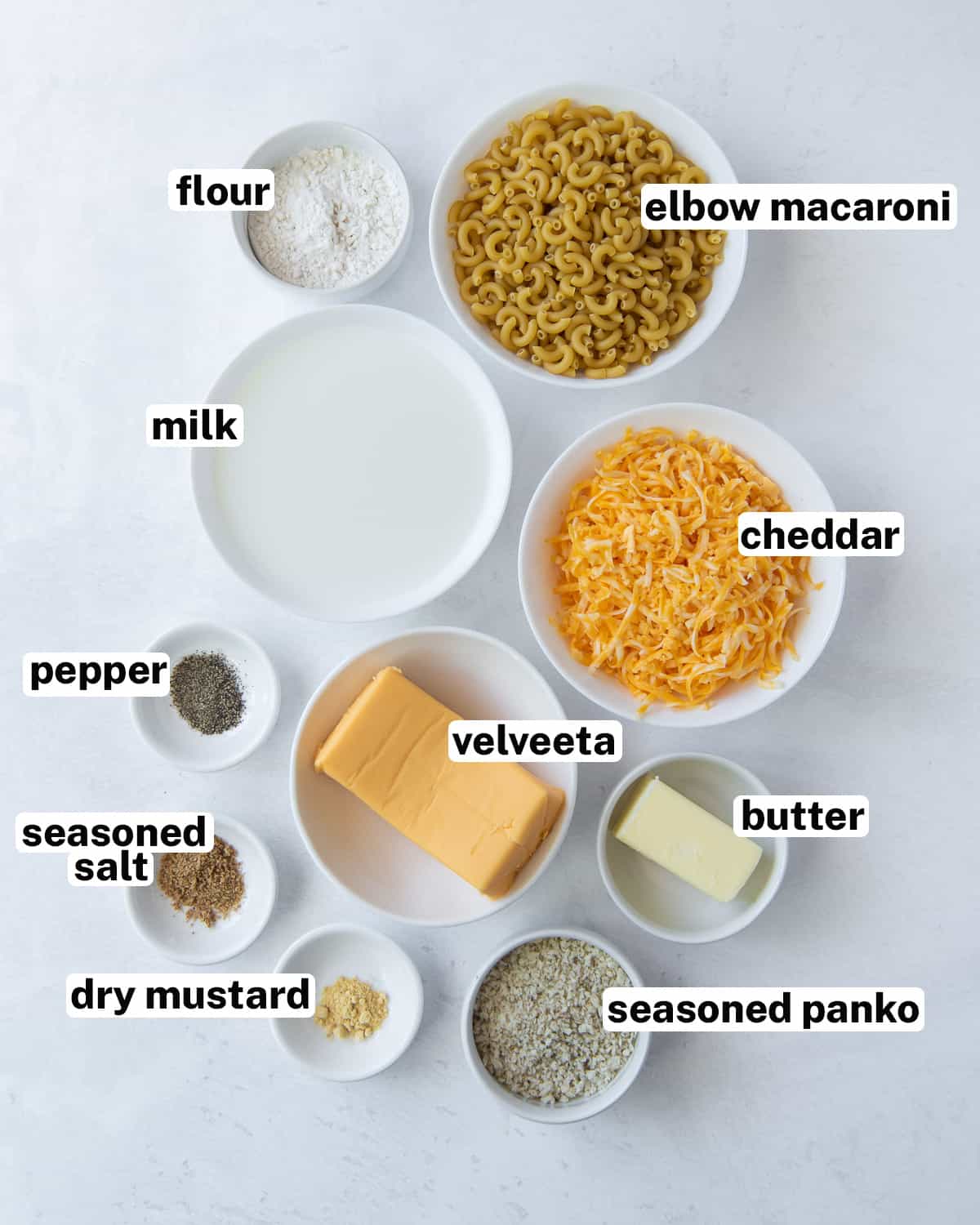 The ingredients for Macaroni and Cheese with text.