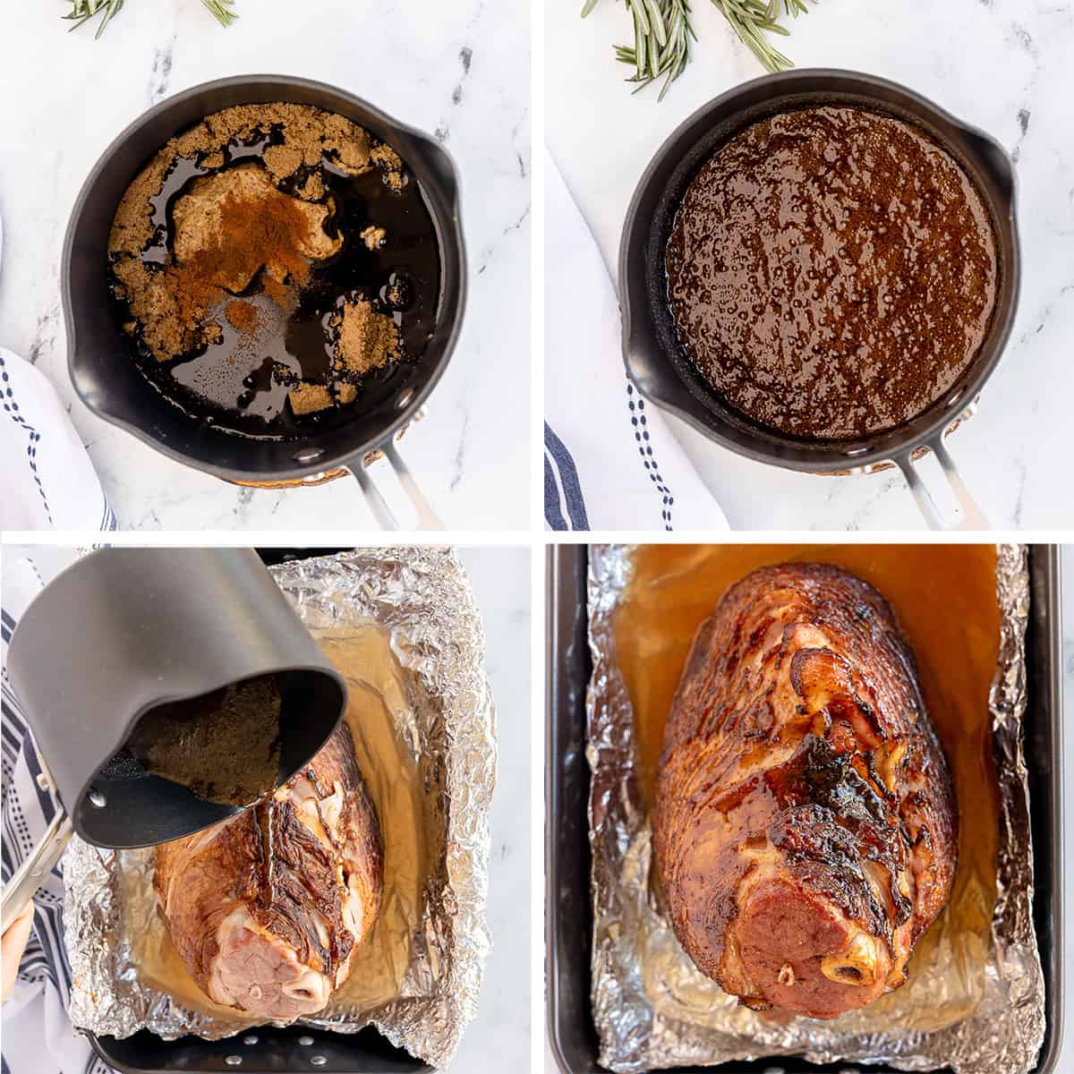 Glaze ingredients in a saucepan and being poured over a ham on foil.