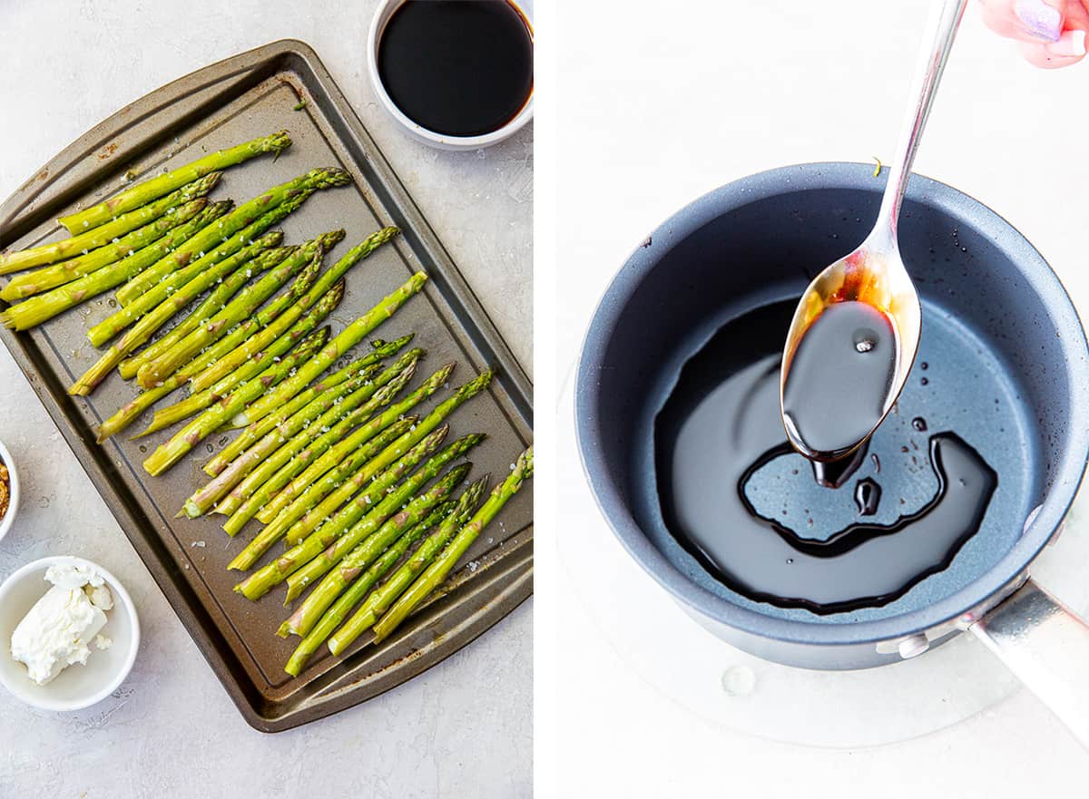Asparagus on a baking sheet and balsamic glaze in a saucepan.
